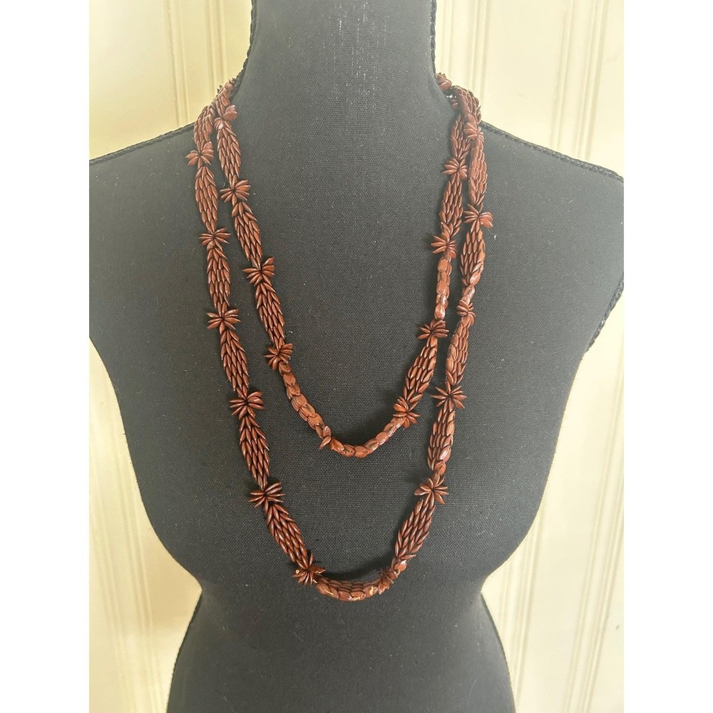 Vintage Long Carved Brown Nut Seed Bead Long Lei Beach Necklace Boho Tropical